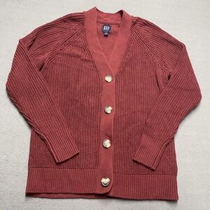 GAP Cardigan Sweater Womens Small Red Waffle Button Front V Neck Long Sleeve